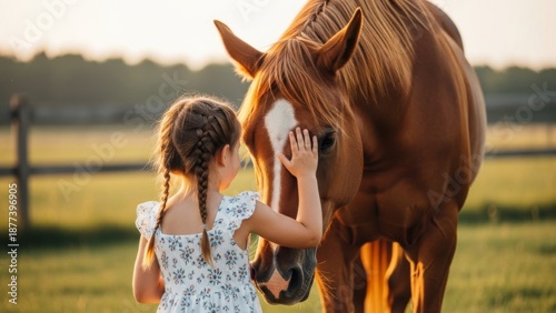 A tender moment as a little girl affectionately touches a majestic horse's face at sunset.