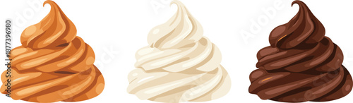 Caramel vanilla and chocolate cream swirls illustration, sweet dessert toppings collection, bakery decoration concept, vector food art, isolated white background