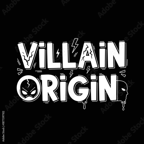 Villain Origin text with comic book style masks and lightning bolts.
