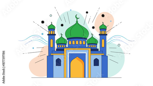 Colorful mosque illustration with green domes