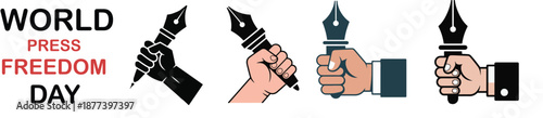 A graphic illustration for world press freedom day featuring diverse hands holding writing pens 