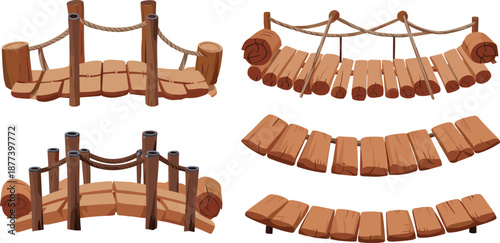 Cartoon wooden rope bridge set illustration, fantasy game assets with planks, logs and supports, flat vector isolated on white background