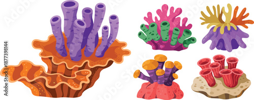Colorful coral reef sponge illustrations, tropical underwater marine life collection, cartoon ocean biodiversity elements, isolated white background vector artwork