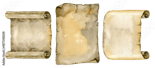 Bild auf Leinwand A high-quality watercolor set of antique paper elements, unrolled scrolls worn parchment sheets
