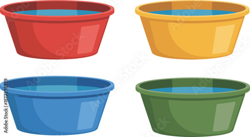Colorful plastic bowls with water illustrations, kitchen container set, cartoon household utensils collection, isolated white background vector design