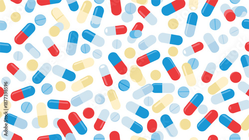 Seamless pattern background of various colorful pills, capsules, and tablets scattered randomly for a medical or pharmacy theme.