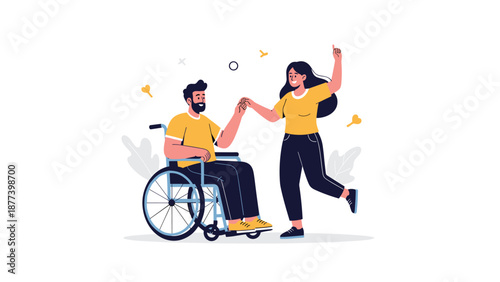 A happy woman dancing with a smiling man who is in a wheelchair, illustrating love, inclusion, and a positive relationship.