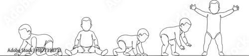 Baby growth stages illustration, infant development progression, crawling sitting standing milestones, child motor skills evolution, simple line art drawing, early childhood learning concept