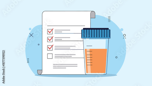 Medical concept illustration of a urine sample in a sterile container next to a checklist for a laboratory urinalysis test.