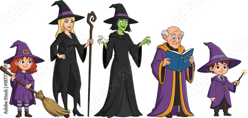 Cute cartoon witches and wizard characters set, magical fantasy people collection, Halloween costumes, fairy tale spellcasters, vector illustration isolated