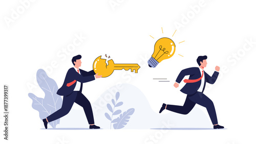 A businessman steals a broken key to success from another man who is chasing after a new idea represented by a lightbulb.