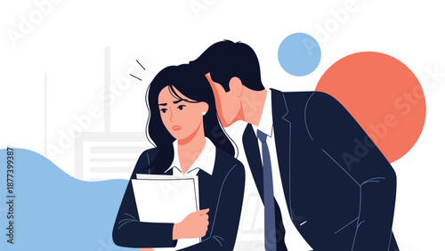 A man whispering in his uncomfortable female colleague's ear at the office, depicting workplace harassment or gossip.