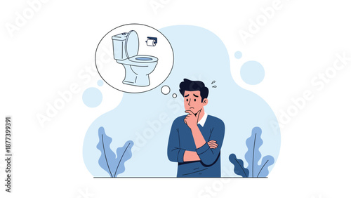 A worried man is deep in thought, with a thought bubble showing a toilet, indicating he urgently needs to find a restroom.