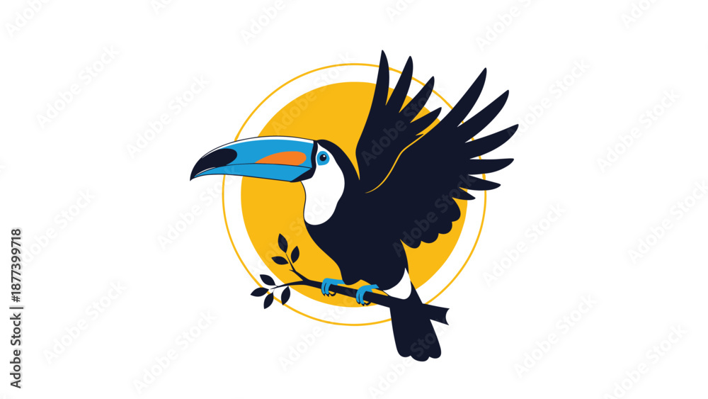 Obraz premium Colorful toucan bird perched on branch with sun background