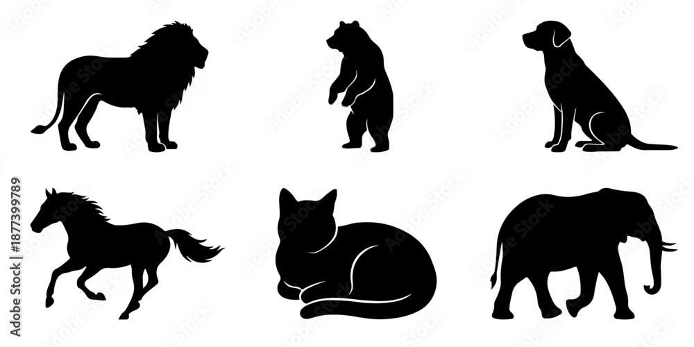 Fototapeta premium Wild and domestic animals silhouette set, black icons of lion, bear, dog, horse, cat and elephant isolated on transparent background