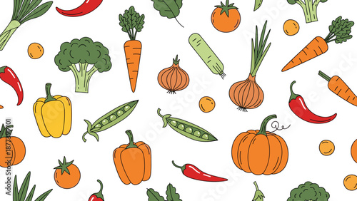 Seamless pattern of hand drawn colorful fresh vegetables