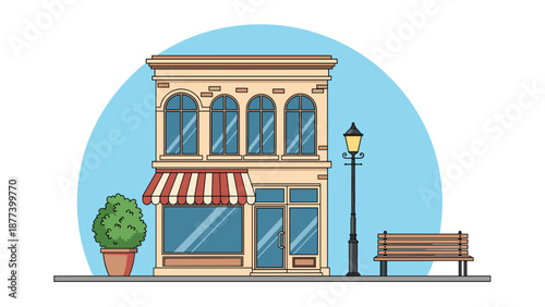 Vintage small shop building facade with awning and street bench