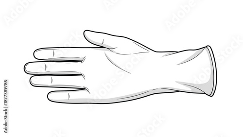 A simple black and white line drawing of an empty latex or nitrile disposable glove for medical or cleaning purposes.