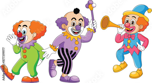 Funny clown cartoon characters performing circus show illustration, colorful comedy performers design, kids entertainment concept, playful festival vector isolated on white background