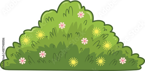 Green garden bush illustration with small flowers, cartoon shrub plant design, nature landscape element, decorative foliage vector isolated on white background