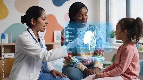 Female doctor explaining human body to young girl with hologram.