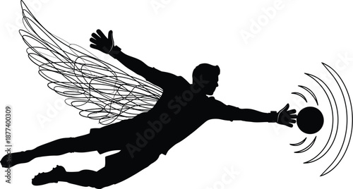 Stylized silhouette of a diving goalkeeper with abstract wings catching a sound wave emitting soccer ball graphic