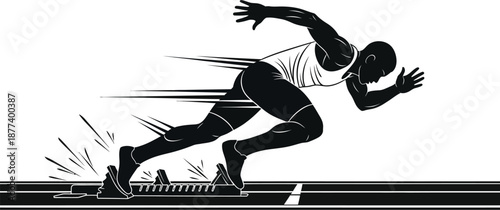 Dynamic black and white silhouette of a sprinter exploding from starting blocks capturing intense motion and athletic competition