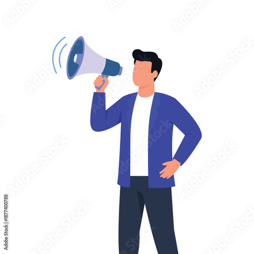 Businessman making a promotion announcement using a loudspeaker vector illustration.