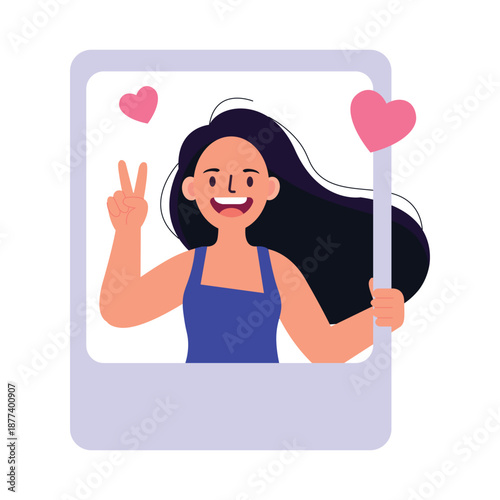 Social Media Influencer Posing in Instant Camera Frame with Hearts, vector illustration.