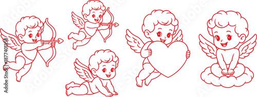 Set of Red Line Art Cupid Angel Characters in Various Poses with Bows Arrows and Hearts Isolated on White Vector Illustration