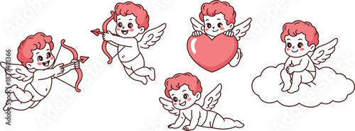 Set of Adorable Cupid Angel Characters with Pink Hair and Wings in Various Romantic Poses Isolated on White Vector