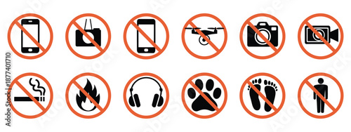 Prohibition signs, red circle slash safety symbols for no fire, no smoking, no mobile phones, no photography, noise restriction.