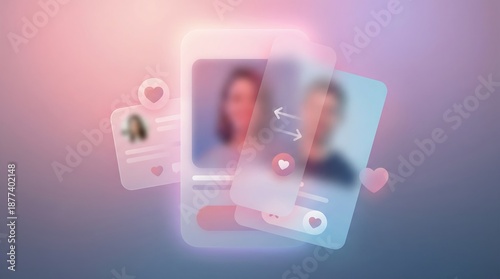 Online Dating App Interface Showing User Profiles and Romantic Icons with Soft Lighting