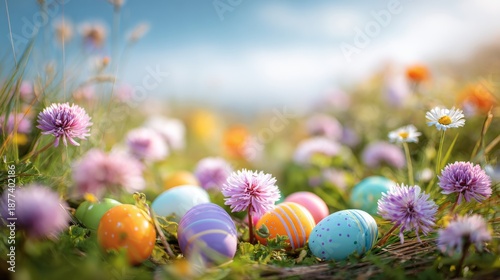 Colorful easter egg hunt in a sunny spring meadow with children searching among flowers and green grass for festive holiday celebration