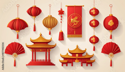Illustration of six Chinese New Year (Imlek) nature elements and decorative icons arranged neatly in two rows, flat illustration style with soft shading and smooth edges, simple plain background