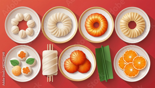 Illustration of six Chinese New Year (Imlek) traditional food icons arranged neatly in two rows, flat illustration style with soft shading and smooth edges