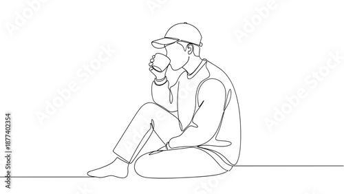 Continuous line drawing of a man sitting and drinking