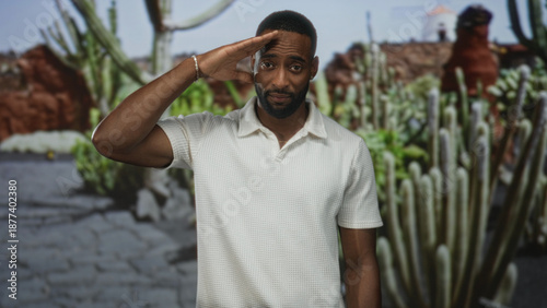 Man saluting with hand to forehead in park among cactus plants and paved path, white polo visible; respect reflection.