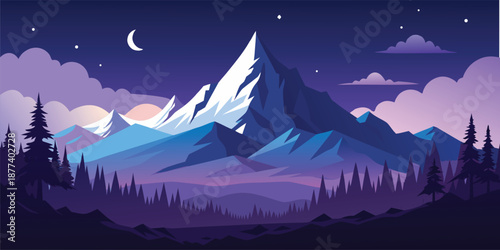 A stylized illustration of a serene mountain landscape at dusk with trees and a crescent moon in the night sky.