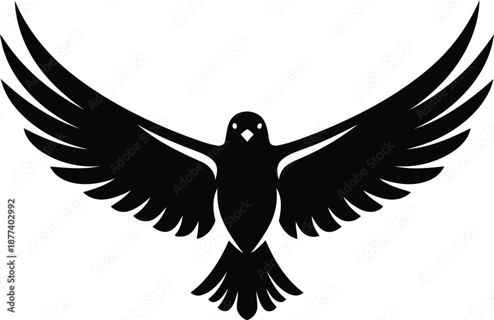 Obraz premium Black silhouette of a bird with spread wings in flight