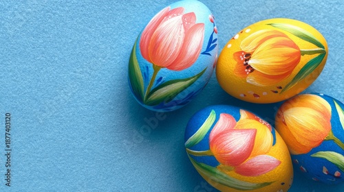 Brightly colored easter eggs hand-painted with yellow tulip on blue background for spring holiday celebration and festive greeting card design