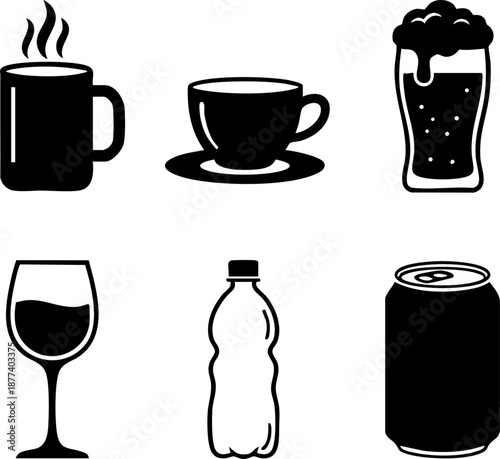 Beverage and drink icon set including coffee mug wine glass and beer pint Pure black silhouettes isolated on white background