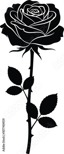 Black silhouette of a rose with stem and leaves on white background