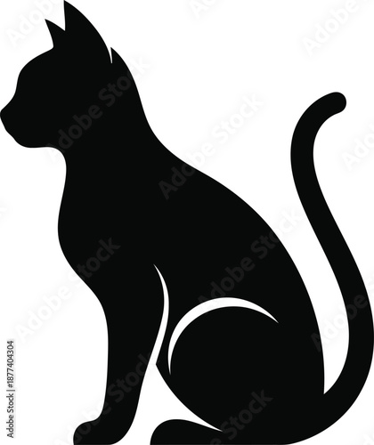 Black silhouette of a sitting cat with a curved tail 1
