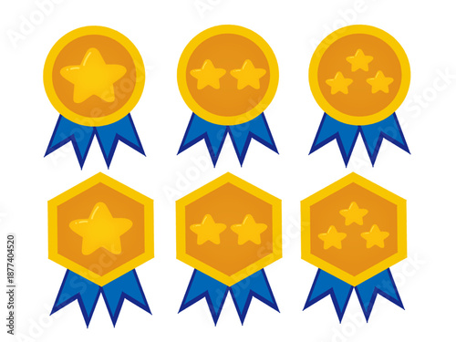 星がついた円型と六角形メダルイラストセット/Circular and hexagonal medal illustration set with stars

