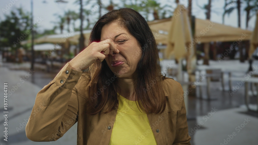 Fototapeta premium Woman pinches nose on street terrace outside a restaurant with palm trees and umbrellas while grimacing; disgust.