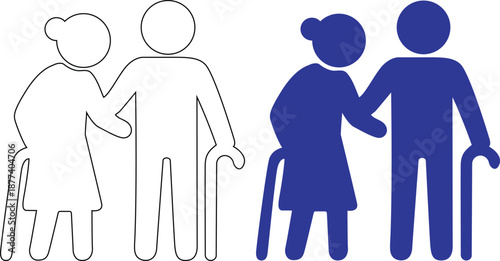 Blue and white graphic icon showing an elderly couple standing together, leaning on canes, symbolizing mutual support and long-term care in retirement.