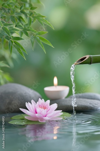 water flowing from a bamboo spout into a serene pond with a lotus flower and a candle, symbolizing tranquility in a spa setting.
