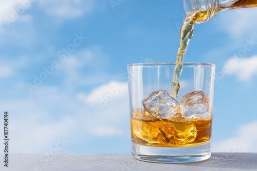 whiskey being poured into a glass with ice cubes against a blue sky background