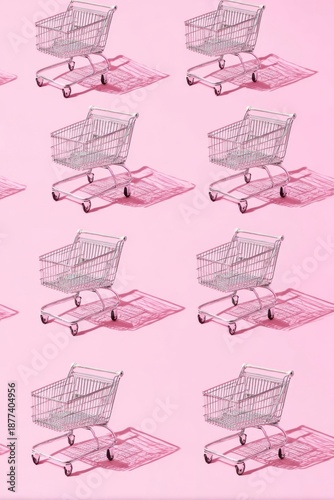 a pattern of shopping carts on a pink background